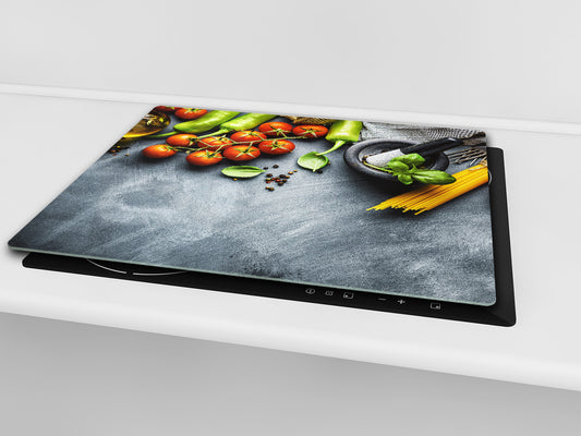 Induction Cooktop Cover –Shatter Resistant Glass Kitchen Board – Hob cover; MEASURES: SINGLE: 60 x 52 cm (23,62” x 20,47”); DOUBLE: 30 x 52 cm (11,81” x 20,47”); D38 Herbs and spices Series : Italia cuisine