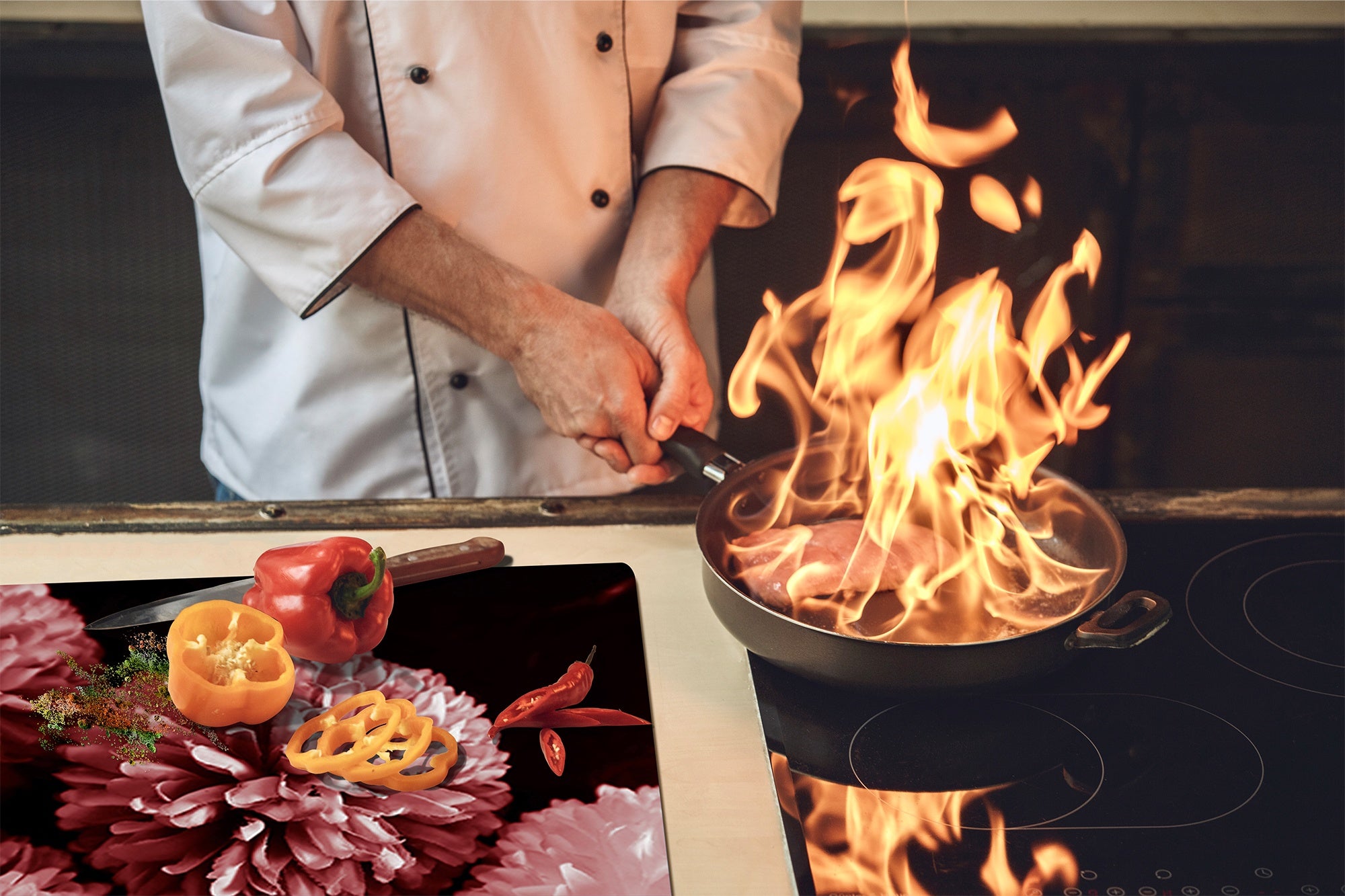 Tempered GLASS Cutting Board – Worktop saver and Pastry Board –- Glass Kitchen Board; MEASURES: SINGLE: 60 x 52 cm (23,62” x 20,47”); DOUBLE: 30 x 52 cm (11,81” x 20,47”); D34 Nature Series: Pink flower frame