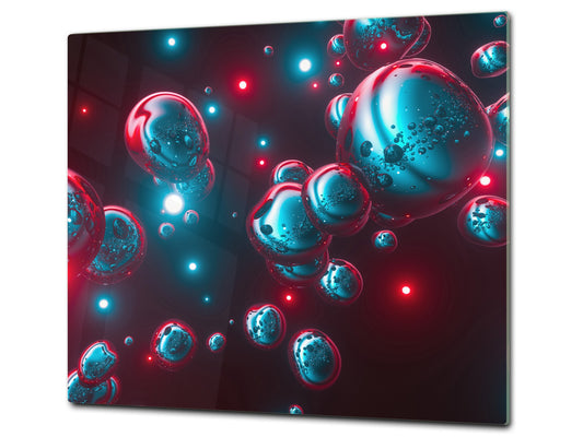 TEMPERED GLASS CHOPPING BOARD – Glass Cutting Board and Worktop Saver; MEASURES: SINGLE: 60 x 52 cm (23,62” x 20,47”); DOUBLE: 30 x 52 cm (11,81” x 20,47”); D36 Textures Series : Holographic bubbles 1
