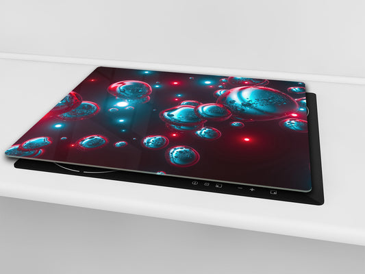 TEMPERED GLASS CHOPPING BOARD – Glass Cutting Board and Worktop Saver; MEASURES: SINGLE: 60 x 52 cm (23,62” x 20,47”); DOUBLE: 30 x 52 cm (11,81” x 20,47”); D36 Textures Series : Holographic bubbles 1