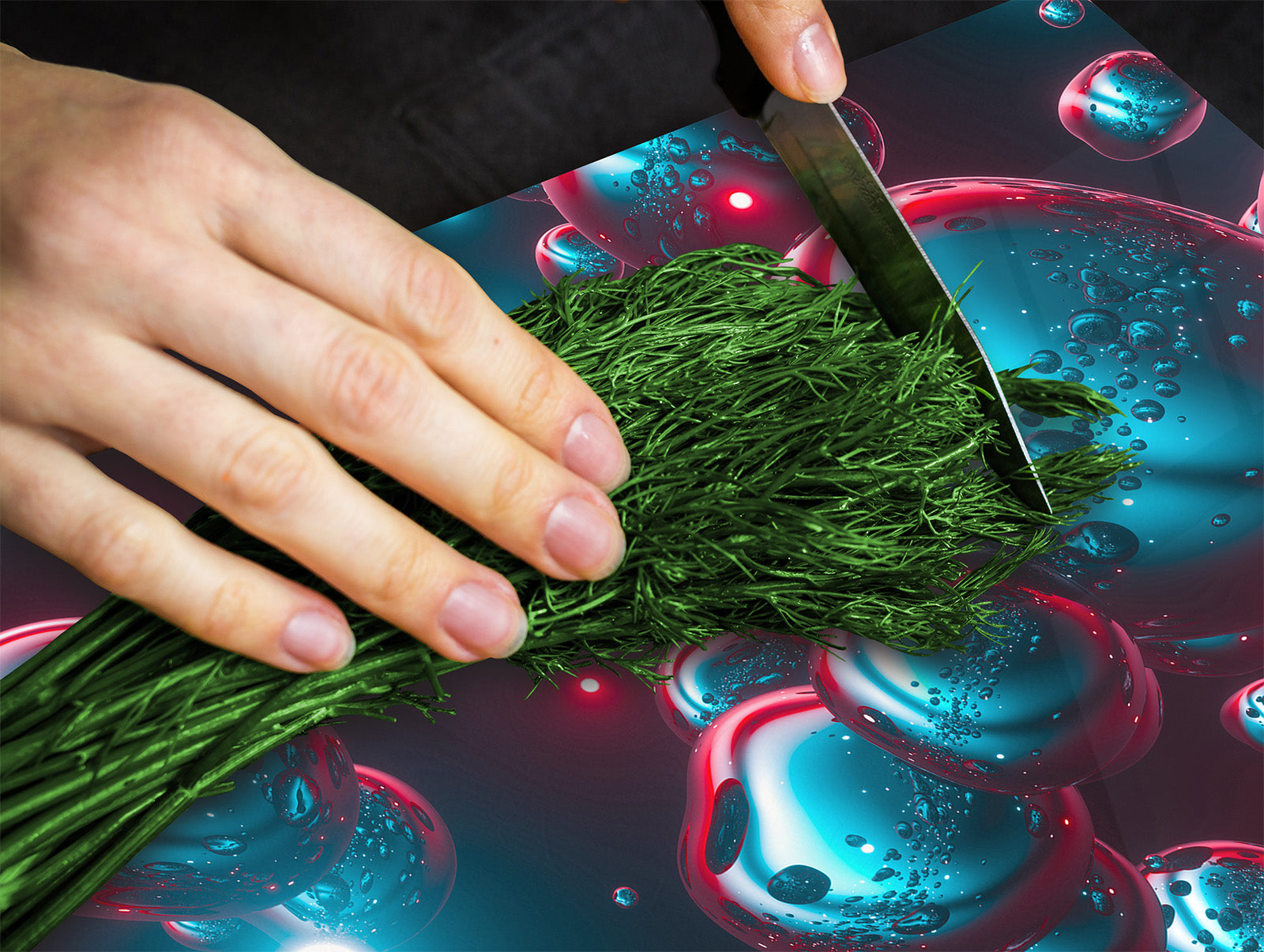 TEMPERED GLASS CHOPPING BOARD – Glass Cutting Board and Worktop Saver; MEASURES: SINGLE: 60 x 52 cm (23,62” x 20,47”); DOUBLE: 30 x 52 cm (11,81” x 20,47”); D36 Textures Series : Holographic bubbles 1