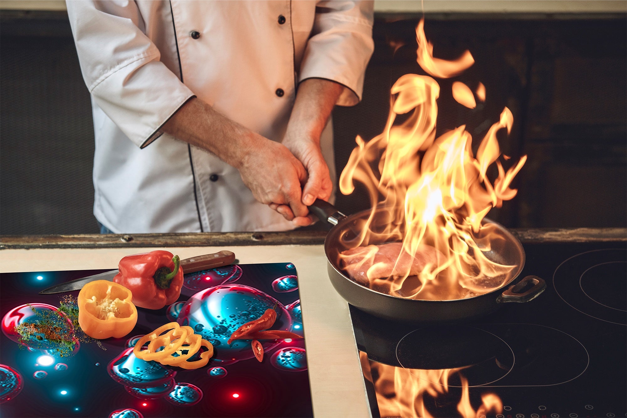 TEMPERED GLASS CHOPPING BOARD – Glass Cutting Board and Worktop Saver; MEASURES: SINGLE: 60 x 52 cm (23,62” x 20,47”); DOUBLE: 30 x 52 cm (11,81” x 20,47”); D36 Textures Series : Holographic bubbles 1