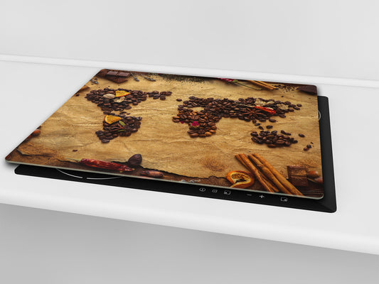 Induction Cooktop Cover –Shatter Resistant Glass Kitchen Board – Hob cover; MEASURES: SINGLE: 60 x 52 cm (23,62” x 20,47”); DOUBLE: 30 x 52 cm (11,81” x 20,47”); D38 Herbs and spices Series : Coffee world map