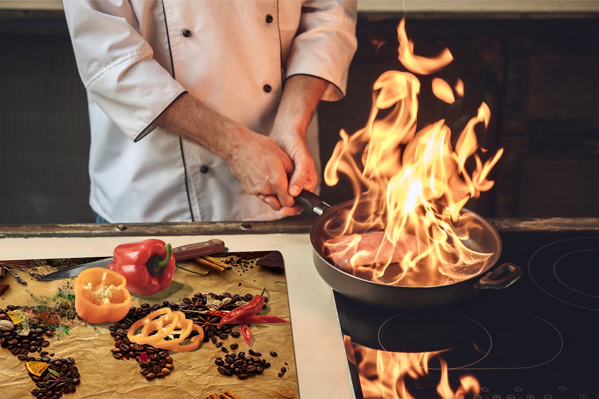 Induction Cooktop Cover –Shatter Resistant Glass Kitchen Board – Hob cover; MEASURES: SINGLE: 60 x 52 cm (23,62” x 20,47”); DOUBLE: 30 x 52 cm (11,81” x 20,47”); D38 Herbs and spices Series : Coffee world map