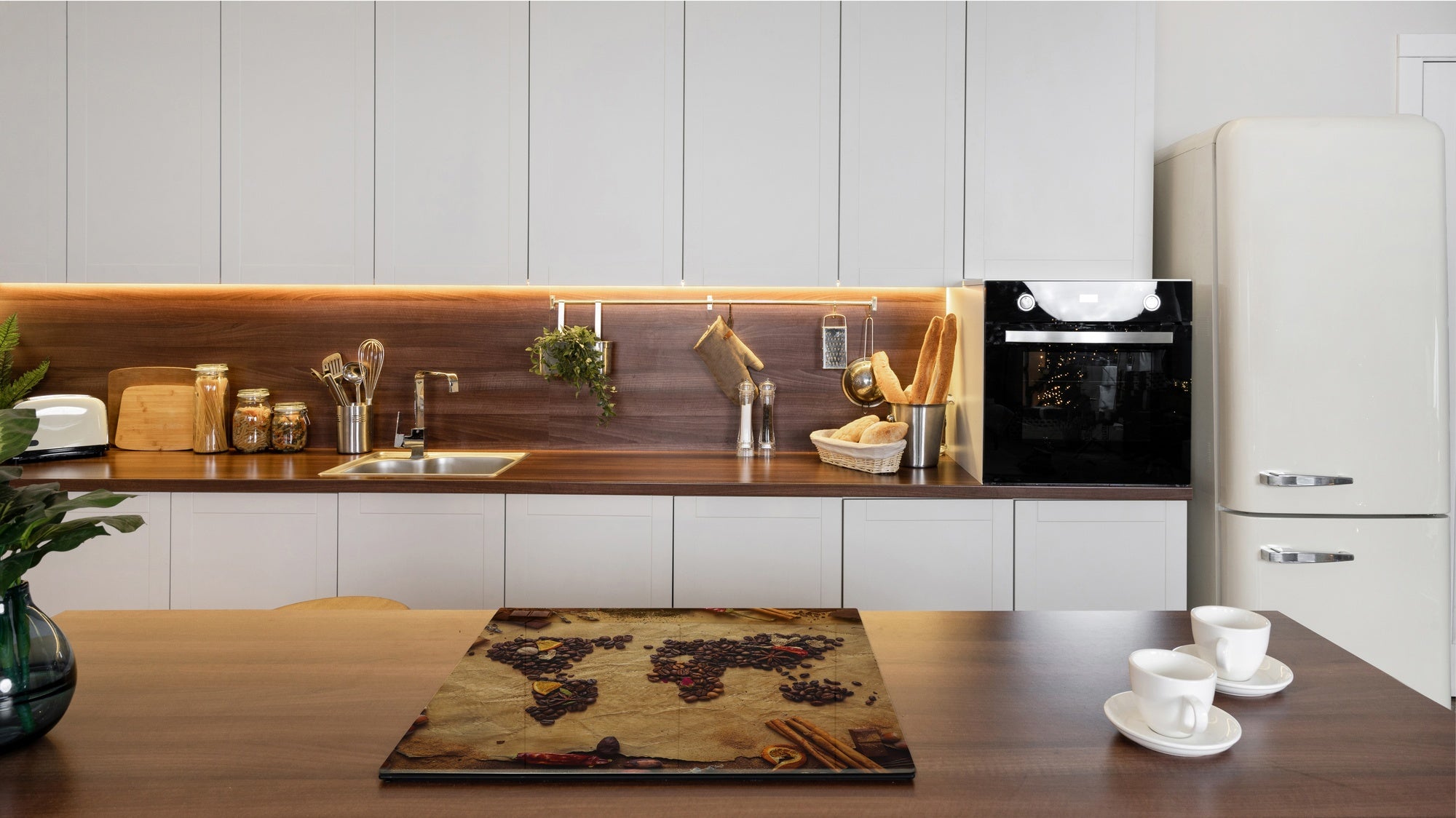 Induction Cooktop Cover –Shatter Resistant Glass Kitchen Board – Hob cover; MEASURES: SINGLE: 60 x 52 cm (23,62” x 20,47”); DOUBLE: 30 x 52 cm (11,81” x 20,47”); D38 Herbs and spices Series : Coffee world map