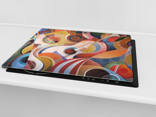 Premium Tempered Glass Cutting Board and Worktop Saver – Glass Pastry Board and Cooktop Cover – MEASURES: SINGLE: 60 x 52 cm; DOUBLE: 2 x 30 x 52 cm; D40 Colorful Illustrations Series : Abstract Instruments