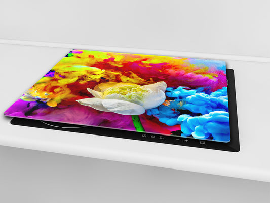 UNIQUE Tempered GLASS Kitchen Board –Scratch Resistant Glass Cutting Board – MEASURES: SINGLE: 60 x 52 cm (23,62” x 20,47”); DOUBLE: 30 x 52 cm (11,81” x 20,47”); D35 Art Series : Lotus explosion