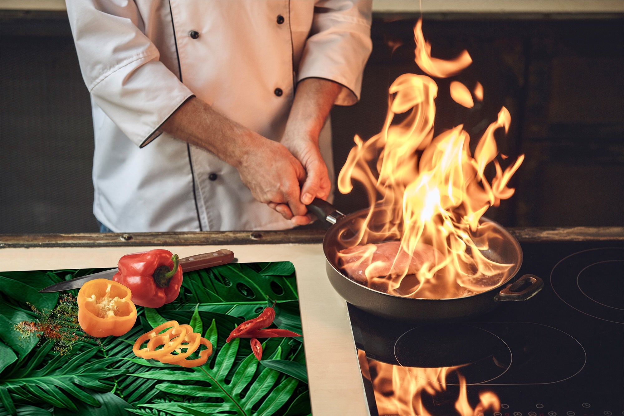 Tempered GLASS Cutting Board – Worktop saver and Pastry Board –- Glass Kitchen Board; MEASURES: SINGLE: 60 x 52 cm (23,62” x 20,47”); DOUBLE: 30 x 52 cm (11,81” x 20,47”); D34 Nature Series: Dark tropical nature