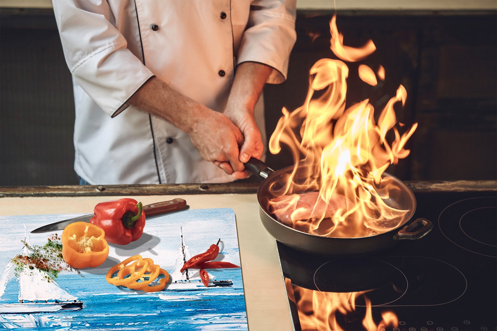 Tempered Glass Multi-Function Board: Cooktop Cover, Pastry and Hot Pot Stand and Worktop Saver – MEASURES: SINGLE: 60 x 52 cm; DOUBLE: 2 x 30 x 52 cm; D43 Abstract Concepts Series 2 : Sailing Boats