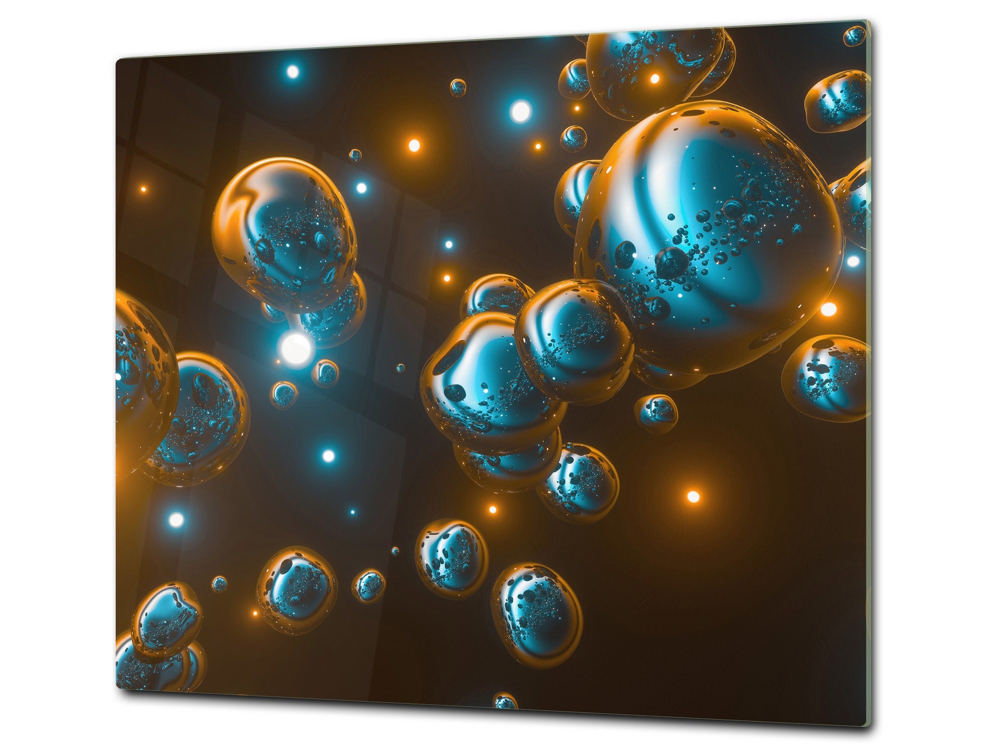 TEMPERED GLASS CHOPPING BOARD – Glass Cutting Board and Worktop Saver; MEASURES: SINGLE: 60 x 52 cm (23,62” x 20,47”); DOUBLE: 30 x 52 cm (11,81” x 20,47”); D36 Textures Series : Holographic bubbles 2