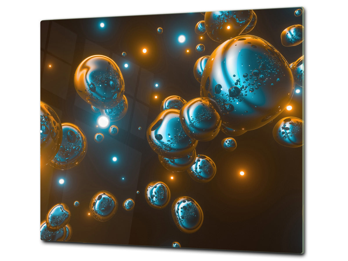 TEMPERED GLASS CHOPPING BOARD – Glass Cutting Board and Worktop Saver; MEASURES: SINGLE: 60 x 52 cm (23,62” x 20,47”); DOUBLE: 30 x 52 cm (11,81” x 20,47”); D36 Textures Series : Holographic bubbles 2