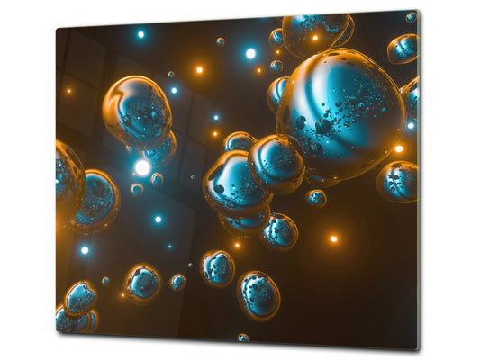 TEMPERED GLASS CHOPPING BOARD – Glass Cutting Board and Worktop Saver; MEASURES: SINGLE: 60 x 52 cm (23,62” x 20,47”); DOUBLE: 30 x 52 cm (11,81” x 20,47”); D36 Textures Series : Holographic bubbles 2
