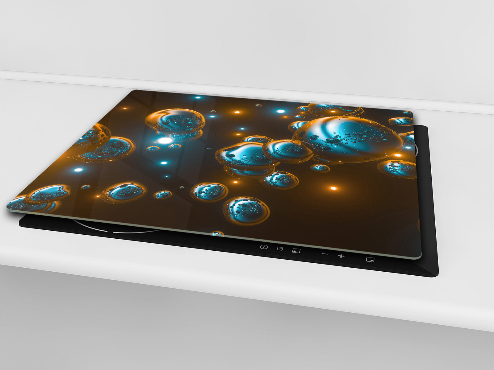 TEMPERED GLASS CHOPPING BOARD – Glass Cutting Board and Worktop Saver; MEASURES: SINGLE: 60 x 52 cm (23,62” x 20,47”); DOUBLE: 30 x 52 cm (11,81” x 20,47”); D36 Textures Series : Holographic bubbles 2