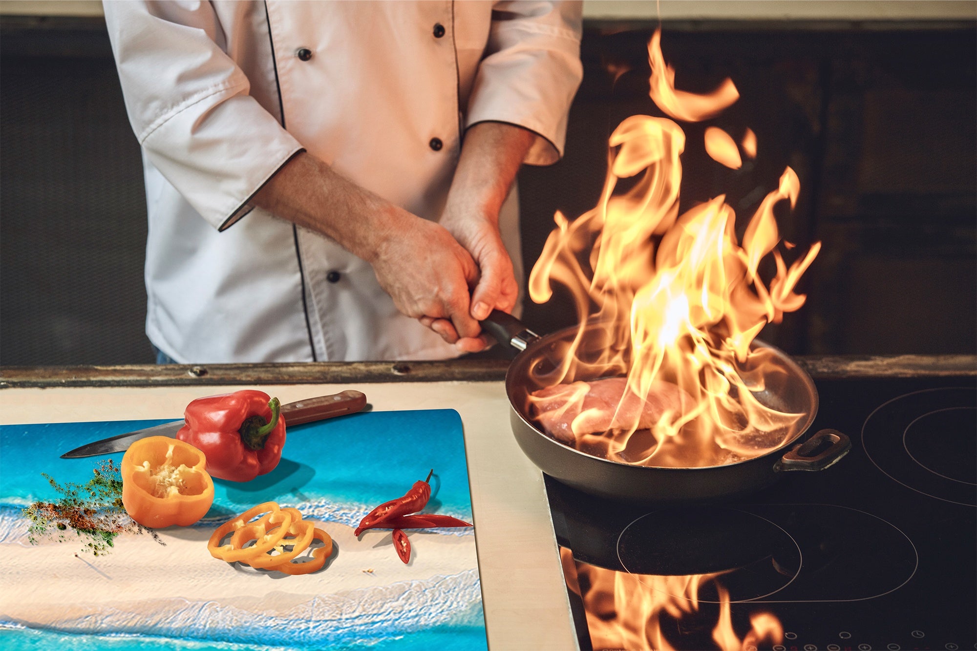 UNIQUE Tempered GLASS Kitchen Board –Scratch Resistant Glass Cutting Board – MEASURES: SINGLE: 60 x 52 cm (23,62” x 20,47”); DOUBLE: 30 x 52 cm (11,81” x 20,47”); D35 Art Series : Beaches of Zanzibar