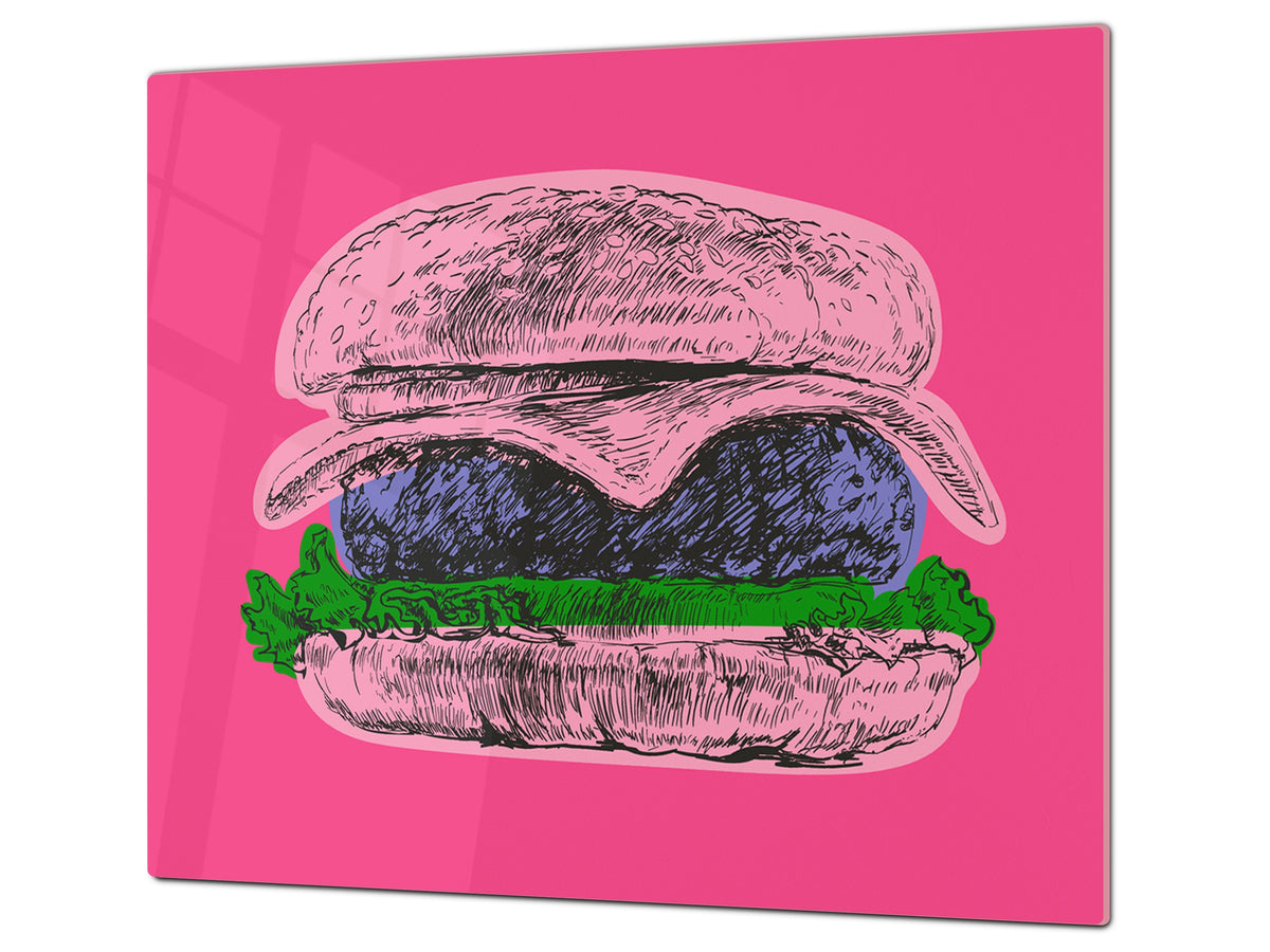 KITCHEN BOARD & Induction Cooktop Cover – Glass Pastry Board - Tempered Glass Chopping Board and Serving Tray – DIMENSIONS: SINGLE: 23,62” x 20,47”; DOUBLE: 11,81” x 20,47” – D44 Pop Art Series :Pop Art Burger 1