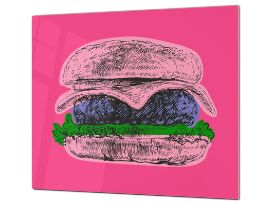 KITCHEN BOARD & Induction Cooktop Cover – Glass Pastry Board - Tempered Glass Chopping Board and Serving Tray – DIMENSIONS: SINGLE: 23,62” x 20,47”; DOUBLE: 11,81” x 20,47” – D44 Pop Art Series :Pop Art Burger 1