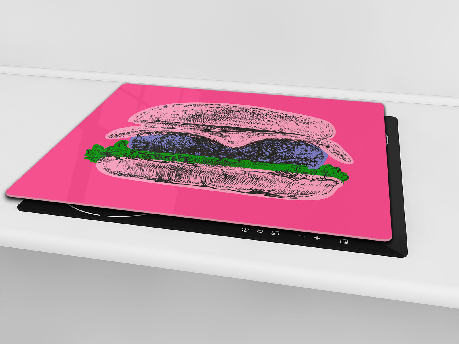 KITCHEN BOARD & Induction Cooktop Cover – Glass Pastry Board - Tempered Glass Chopping Board and Serving Tray – DIMENSIONS: SINGLE: 23,62” x 20,47”; DOUBLE: 11,81” x 20,47” – D44 Pop Art Series :Pop Art Burger 1
