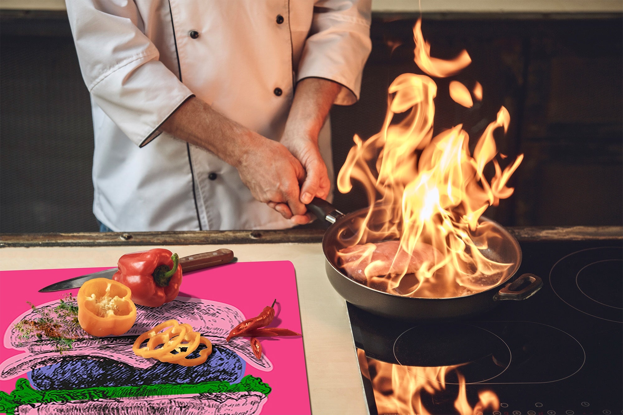 KITCHEN BOARD & Induction Cooktop Cover – Glass Pastry Board - Tempered Glass Chopping Board and Serving Tray – DIMENSIONS: SINGLE: 23,62” x 20,47”; DOUBLE: 11,81” x 20,47” – D44 Pop Art Series :Pop Art Burger 1