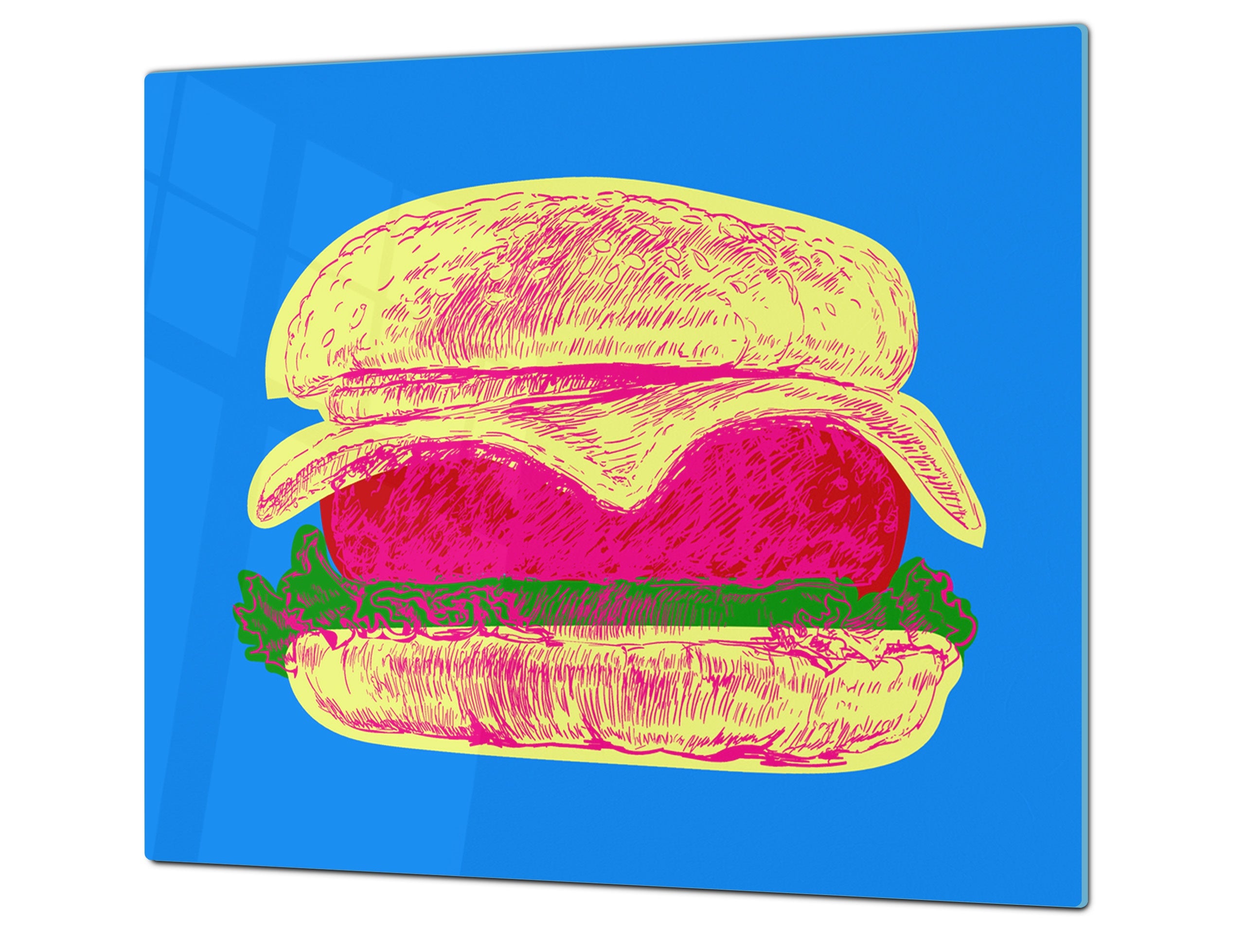 KITCHEN BOARD & Induction Cooktop Cover – Glass Pastry Board - Tempered Glass Chopping Board and Serving Tray – DIMENSIONS: SINGLE: 23,62” x 20,47”; DOUBLE: 11,81” x 20,47” – D44 Pop Art Series : Pop Art Burger 2