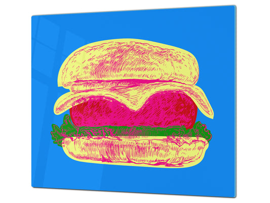 KITCHEN BOARD & Induction Cooktop Cover – Glass Pastry Board - Tempered Glass Chopping Board and Serving Tray – DIMENSIONS: SINGLE: 23,62” x 20,47”; DOUBLE: 11,81” x 20,47” – D44 Pop Art Series : Pop Art Burger 2
