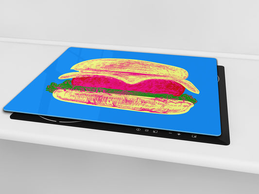 KITCHEN BOARD & Induction Cooktop Cover – Glass Pastry Board - Tempered Glass Chopping Board and Serving Tray – DIMENSIONS: SINGLE: 23,62” x 20,47”; DOUBLE: 11,81” x 20,47” – D44 Pop Art Series : Pop Art Burger 2
