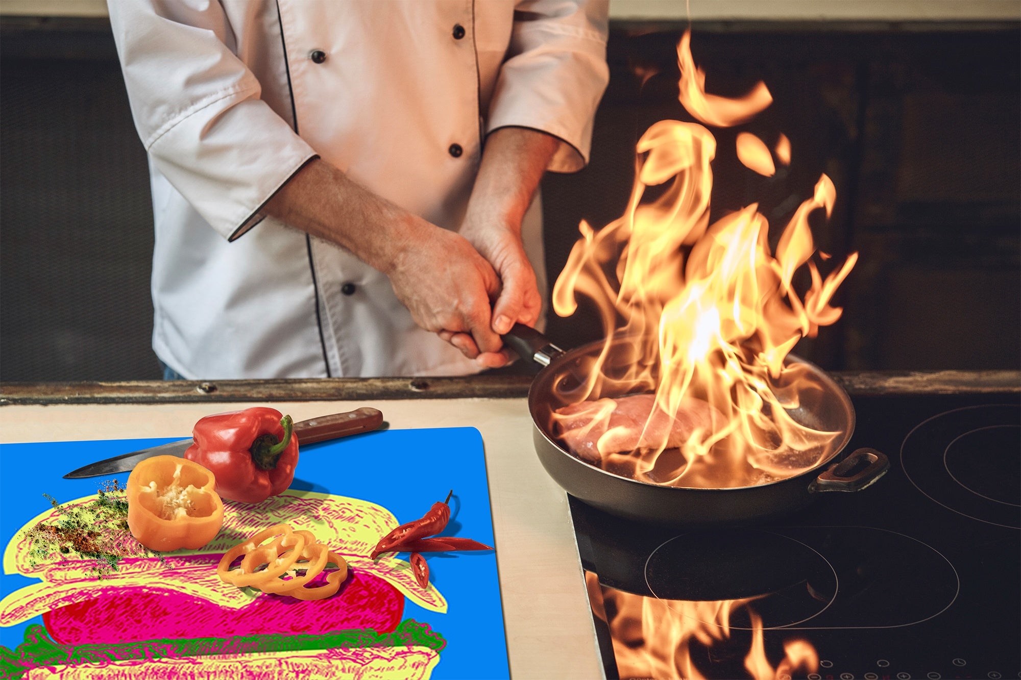 KITCHEN BOARD & Induction Cooktop Cover – Glass Pastry Board - Tempered Glass Chopping Board and Serving Tray – DIMENSIONS: SINGLE: 23,62” x 20,47”; DOUBLE: 11,81” x 20,47” – D44 Pop Art Series : Pop Art Burger 2
