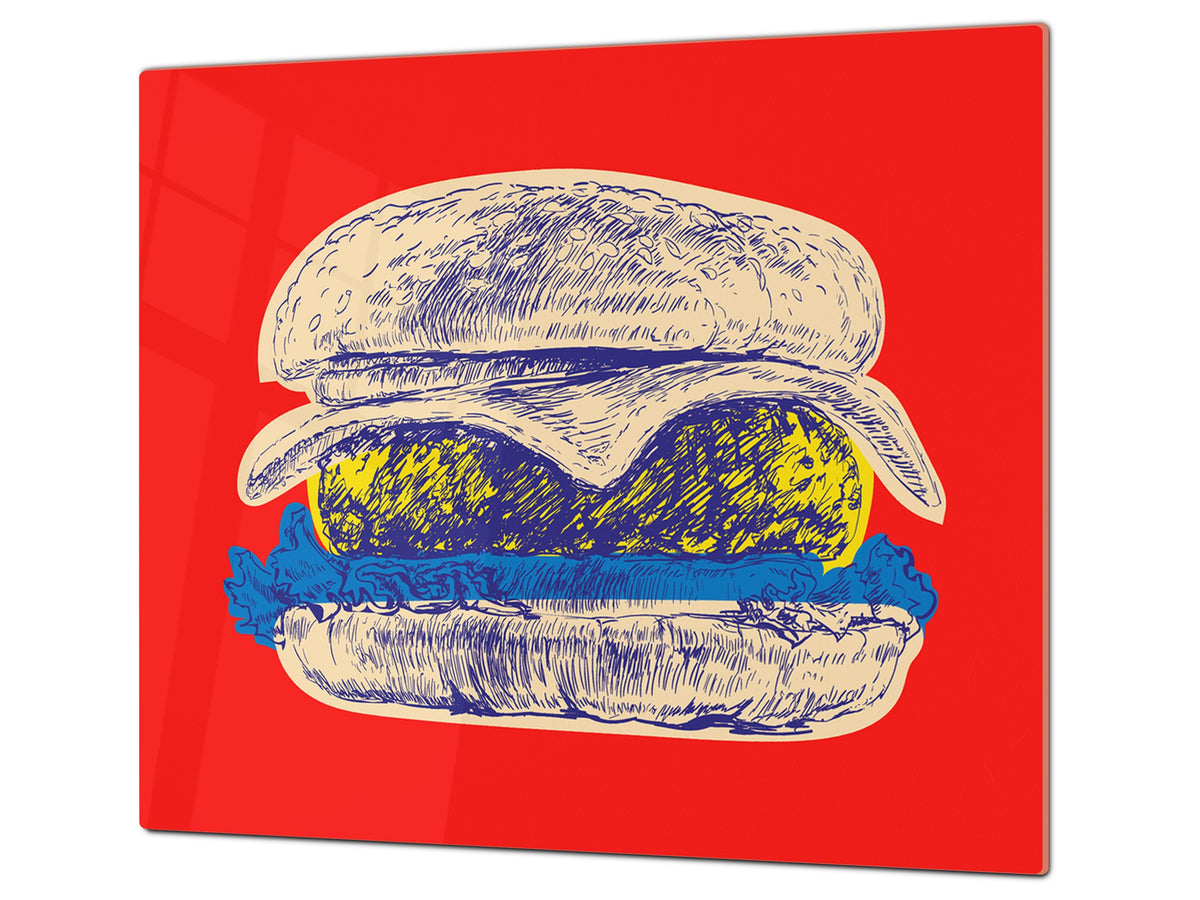 KITCHEN BOARD & Induction Cooktop Cover – Glass Pastry Board - Tempered Glass Chopping Board and Serving Tray – DIMENSIONS: SINGLE: 23,62” x 20,47”; DOUBLE: 11,81” x 20,47” – D44 Pop Art Series : Pop Art Burger 3