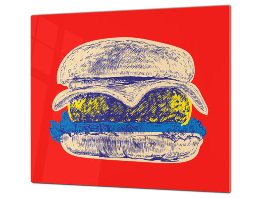KITCHEN BOARD & Induction Cooktop Cover – Glass Pastry Board - Tempered Glass Chopping Board and Serving Tray – DIMENSIONS: SINGLE: 23,62” x 20,47”; DOUBLE: 11,81” x 20,47” – D44 Pop Art Series : Pop Art Burger 3