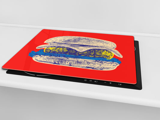 KITCHEN BOARD & Induction Cooktop Cover – Glass Pastry Board - Tempered Glass Chopping Board and Serving Tray – DIMENSIONS: SINGLE: 23,62” x 20,47”; DOUBLE: 11,81” x 20,47” – D44 Pop Art Series : Pop Art Burger 3