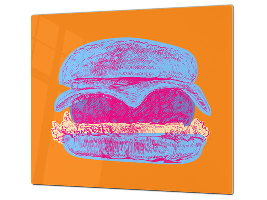 KITCHEN BOARD & Induction Cooktop Cover – Glass Pastry Board - Tempered Glass Chopping Board and Serving Tray – DIMENSIONS: SINGLE: 23,62” x 20,47”; DOUBLE: 11,81” x 20,47” – D44 Pop Art Series : Pop Art Burger 4