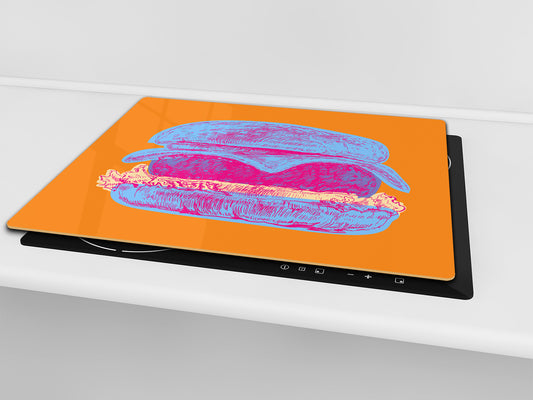 KITCHEN BOARD & Induction Cooktop Cover – Glass Pastry Board - Tempered Glass Chopping Board and Serving Tray – DIMENSIONS: SINGLE: 23,62” x 20,47”; DOUBLE: 11,81” x 20,47” – D44 Pop Art Series : Pop Art Burger 4