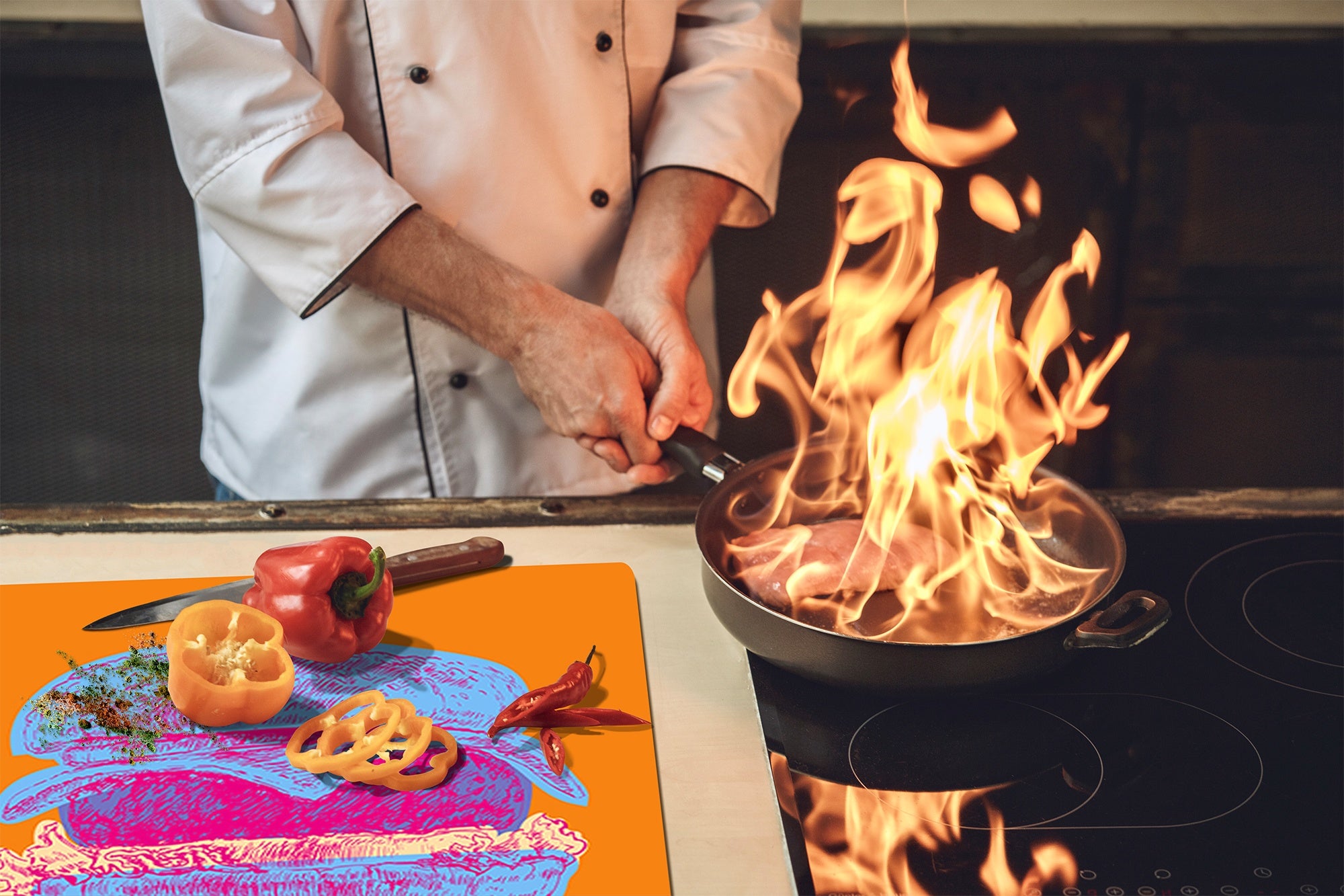 KITCHEN BOARD & Induction Cooktop Cover – Glass Pastry Board - Tempered Glass Chopping Board and Serving Tray – DIMENSIONS: SINGLE: 23,62” x 20,47”; DOUBLE: 11,81” x 20,47” – D44 Pop Art Series : Pop Art Burger 4