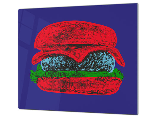 KITCHEN BOARD & Induction Cooktop Cover – Glass Pastry Board - Tempered Glass Chopping Board and Serving Tray – DIMENSIONS: SINGLE: 23,62” x 20,47”; DOUBLE: 11,81” x 20,47” – D44 Pop Art Series : Pop Art Burger 5