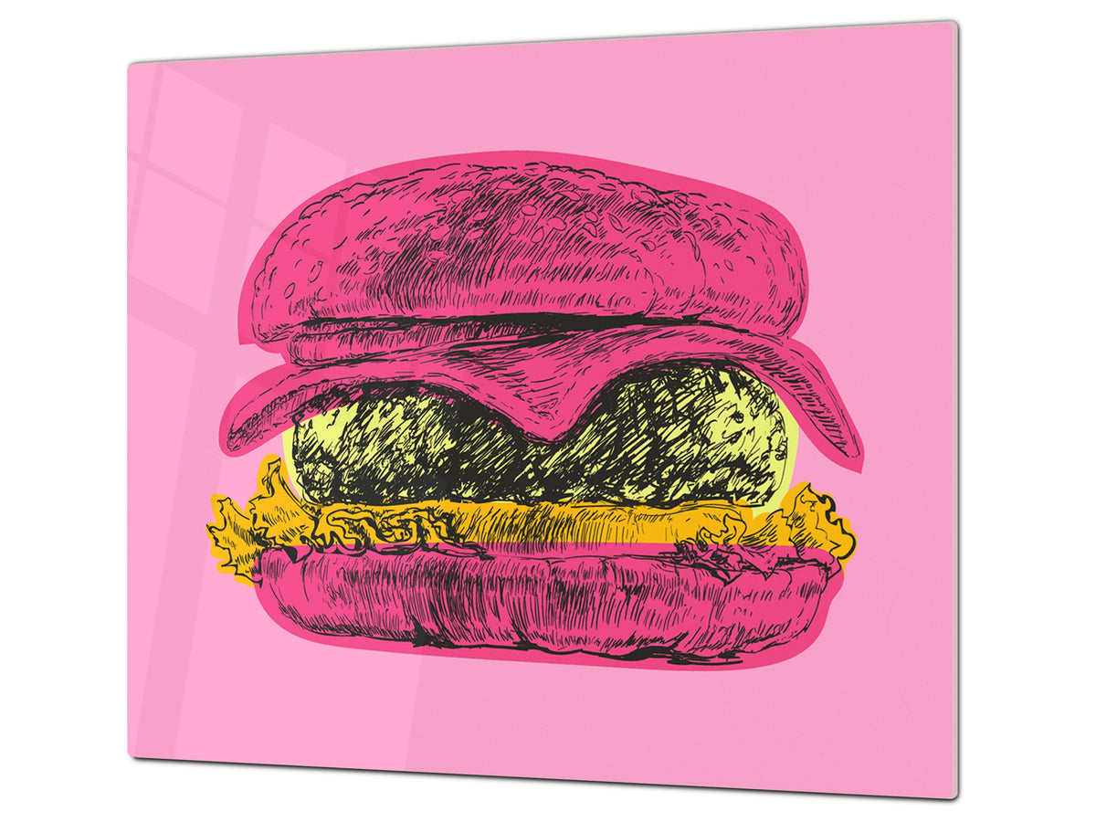 KITCHEN BOARD & Induction Cooktop Cover – Glass Pastry Board - Tempered Glass Chopping Board and Serving Tray – DIMENSIONS: SINGLE: 23,62” x 20,47”; DOUBLE: 11,81” x 20,47” – D44 Pop Art Series : Pop Art Burger 6