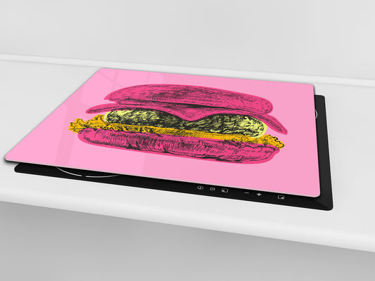 KITCHEN BOARD & Induction Cooktop Cover – Glass Pastry Board - Tempered Glass Chopping Board and Serving Tray – DIMENSIONS: SINGLE: 23,62” x 20,47”; DOUBLE: 11,81” x 20,47” – D44 Pop Art Series : Pop Art Burger 6