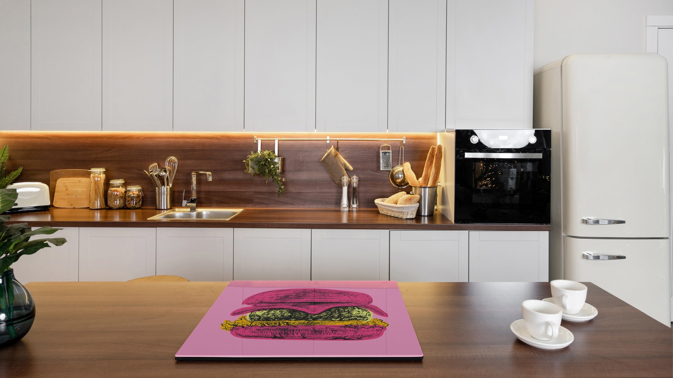 KITCHEN BOARD & Induction Cooktop Cover – Glass Pastry Board - Tempered Glass Chopping Board and Serving Tray – DIMENSIONS: SINGLE: 23,62” x 20,47”; DOUBLE: 11,81” x 20,47” – D44 Pop Art Series : Pop Art Burger 6