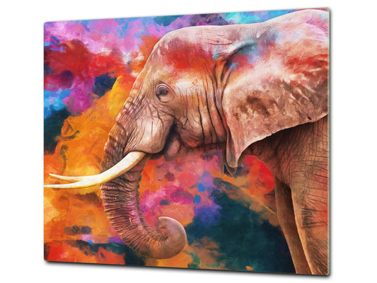 Induction Cooktop Cover Kitchen Board – Impact Resistant Glass Pastry Board; MEASURES: SINGLE: 60 x 52 cm (23,62” x 20,47”); DOUBLE: 30 x 52 cm (11,81” x 20,47”); D37 Animals Series : Colourful elephant