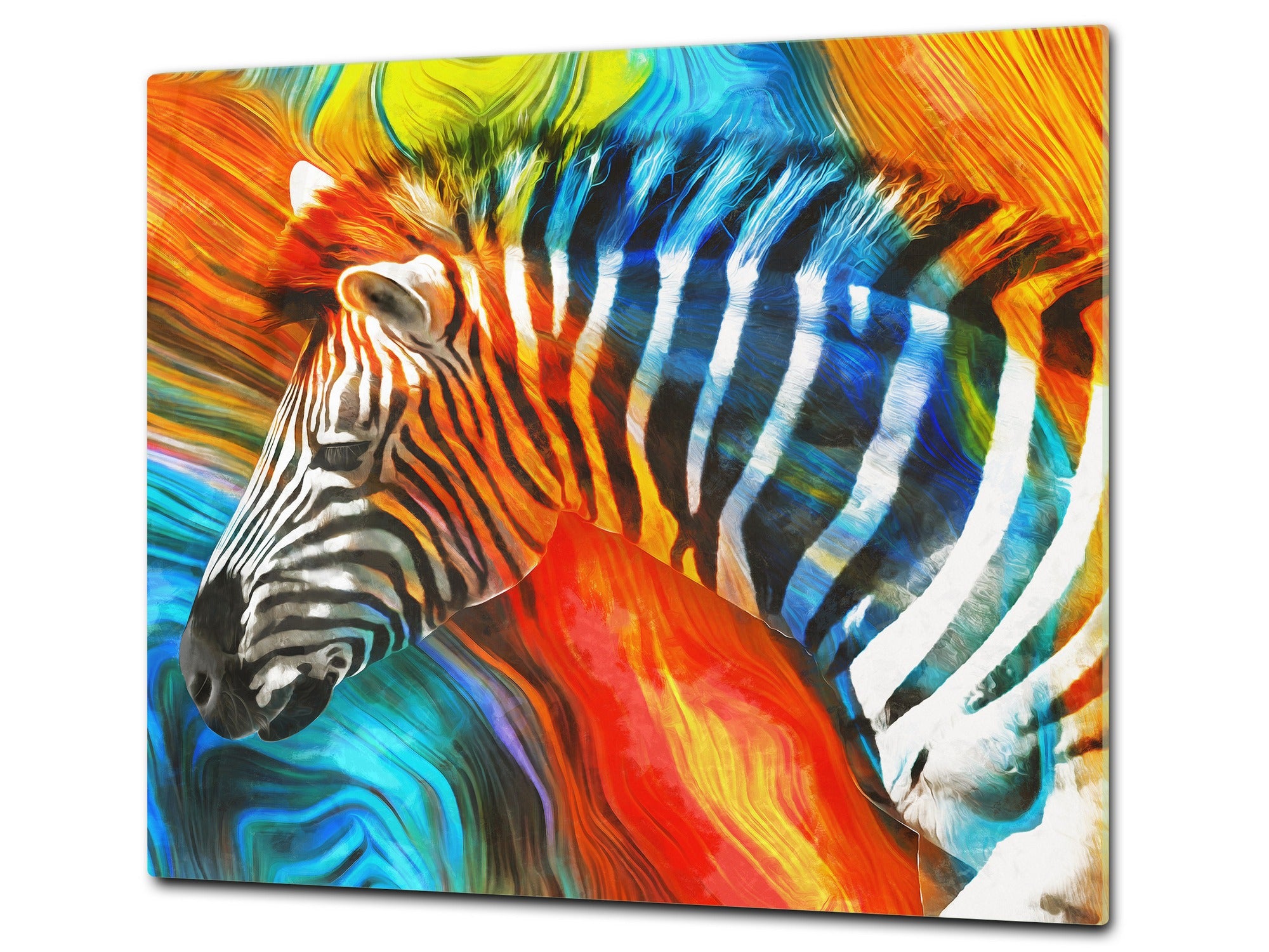 Induction Cooktop Cover Kitchen Board – Impact Resistant Glass Pastry Board; MEASURES: SINGLE: 60 x 52 cm (23,62” x 20,47”); DOUBLE: 30 x 52 cm (11,81” x 20,47”); D37 Animals Series : Colourful zebra