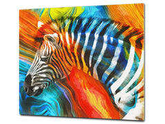 Induction Cooktop Cover Kitchen Board – Impact Resistant Glass Pastry Board; MEASURES: SINGLE: 60 x 52 cm (23,62” x 20,47”); DOUBLE: 30 x 52 cm (11,81” x 20,47”); D37 Animals Series : Colourful zebra