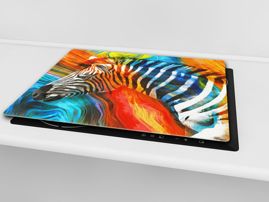 Induction Cooktop Cover Kitchen Board – Impact Resistant Glass Pastry Board; MEASURES: SINGLE: 60 x 52 cm (23,62” x 20,47”); DOUBLE: 30 x 52 cm (11,81” x 20,47”); D37 Animals Series : Colourful zebra