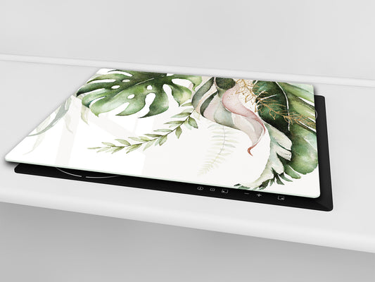 Tempered GLASS Cutting Board – Worktop saver and Pastry Board –- Glass Kitchen Board; MEASURES: SINGLE: 60 x 52 cm (23,62” x 20,47”); DOUBLE: 30 x 52 cm (11,81” x 20,47”); D34 Nature Series: Tropical watercolour