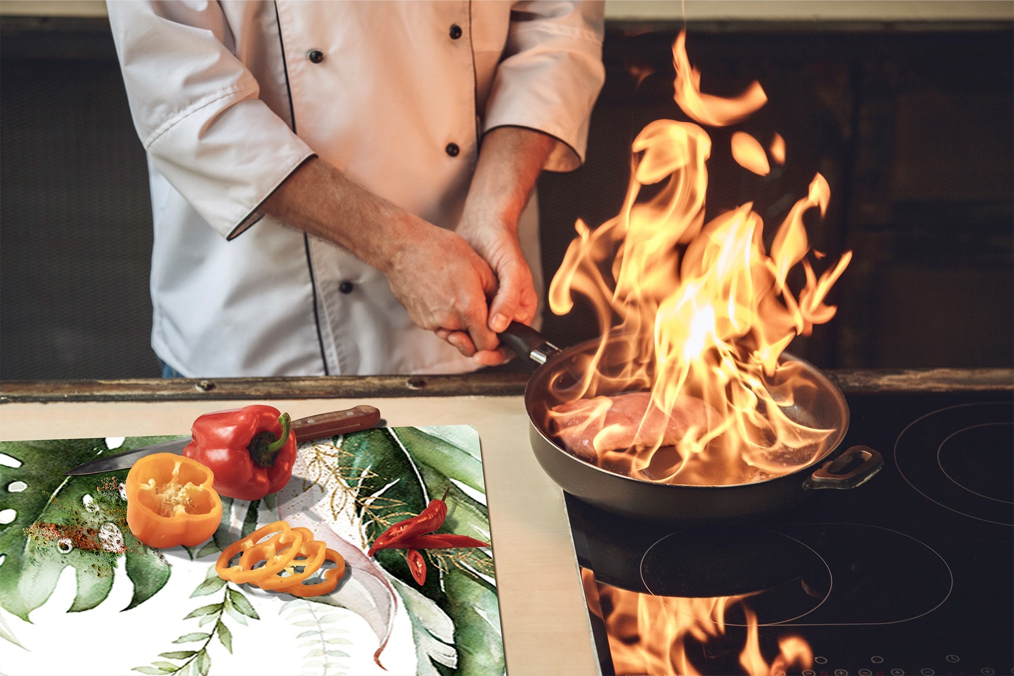 Tempered GLASS Cutting Board – Worktop saver and Pastry Board –- Glass Kitchen Board; MEASURES: SINGLE: 60 x 52 cm (23,62” x 20,47”); DOUBLE: 30 x 52 cm (11,81” x 20,47”); D34 Nature Series: Tropical watercolour