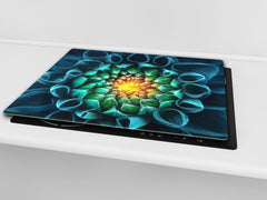 Tempered GLASS Cutting Board – Worktop saver and Pastry Board –- Glass Kitchen Board; MEASURES: SINGLE: 60 x 52 cm (23,62” x 20,47”); DOUBLE: 30 x 52 cm (11,81” x 20,47”); D34 Nature Series: Blue-green flower