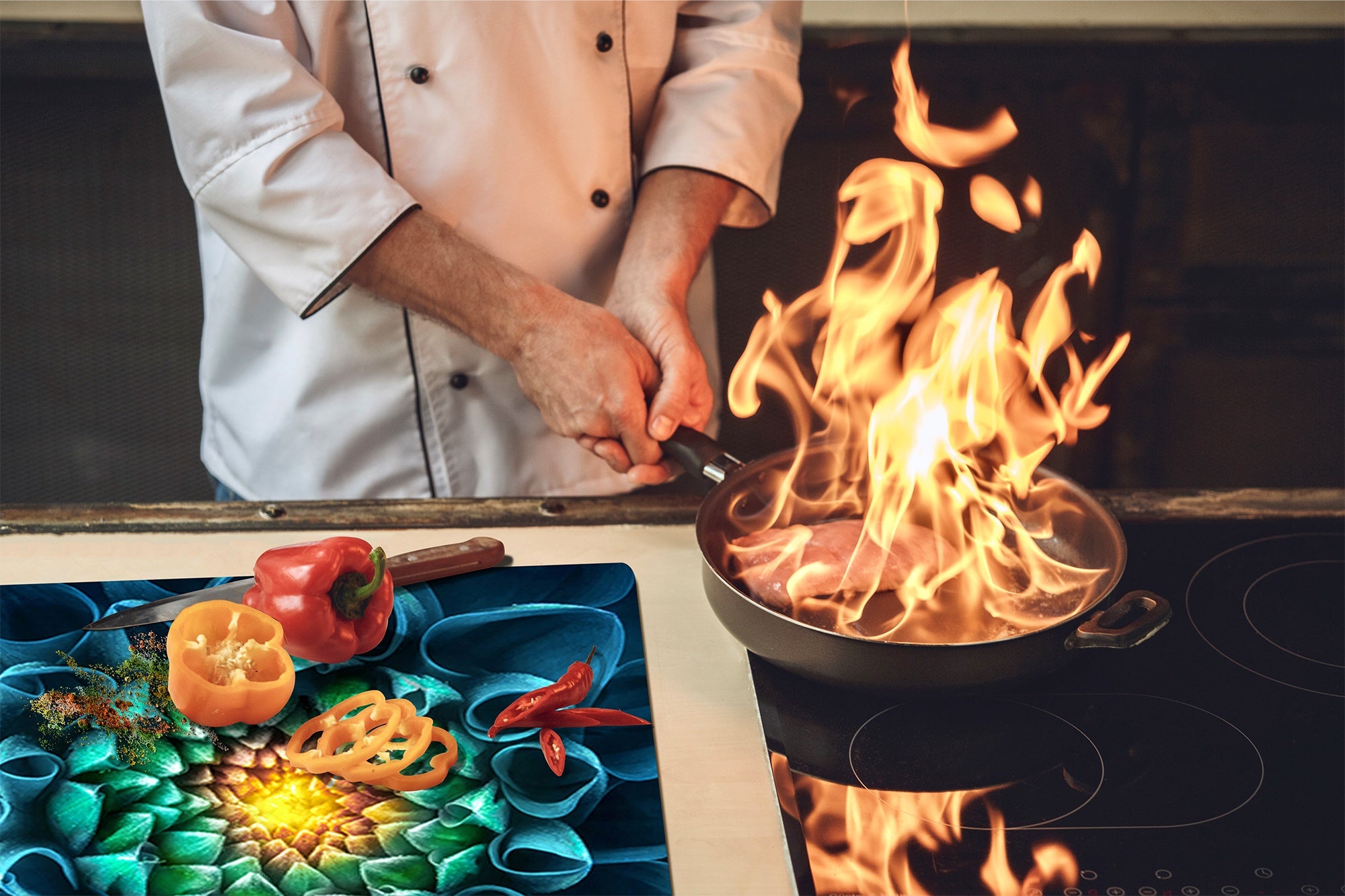 Tempered GLASS Cutting Board – Worktop saver and Pastry Board –- Glass Kitchen Board; MEASURES: SINGLE: 60 x 52 cm (23,62” x 20,47”); DOUBLE: 30 x 52 cm (11,81” x 20,47”); D34 Nature Series: Blue-green flower