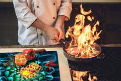 Tempered GLASS Cutting Board – Worktop saver and Pastry Board –- Glass Kitchen Board; MEASURES: SINGLE: 60 x 52 cm (23,62” x 20,47”); DOUBLE: 30 x 52 cm (11,81” x 20,47”); D34 Nature Series: Blue-green flower