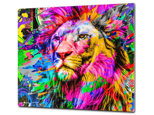 Induction Cooktop Cover Kitchen Board – Impact Resistant Glass Pastry Board; MEASURES: SINGLE: 60 x 52 cm (23,62” x 20,47”); DOUBLE: 30 x 52 cm (11,81” x 20,47”); D37 Animals Series : Colourful lion