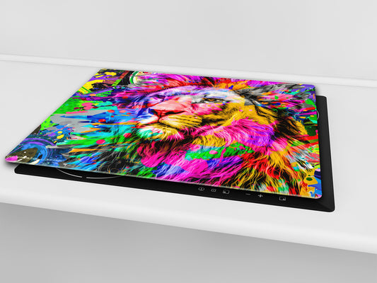 Induction Cooktop Cover Kitchen Board – Impact Resistant Glass Pastry Board; MEASURES: SINGLE: 60 x 52 cm (23,62” x 20,47”); DOUBLE: 30 x 52 cm (11,81” x 20,47”); D37 Animals Series : Colourful lion