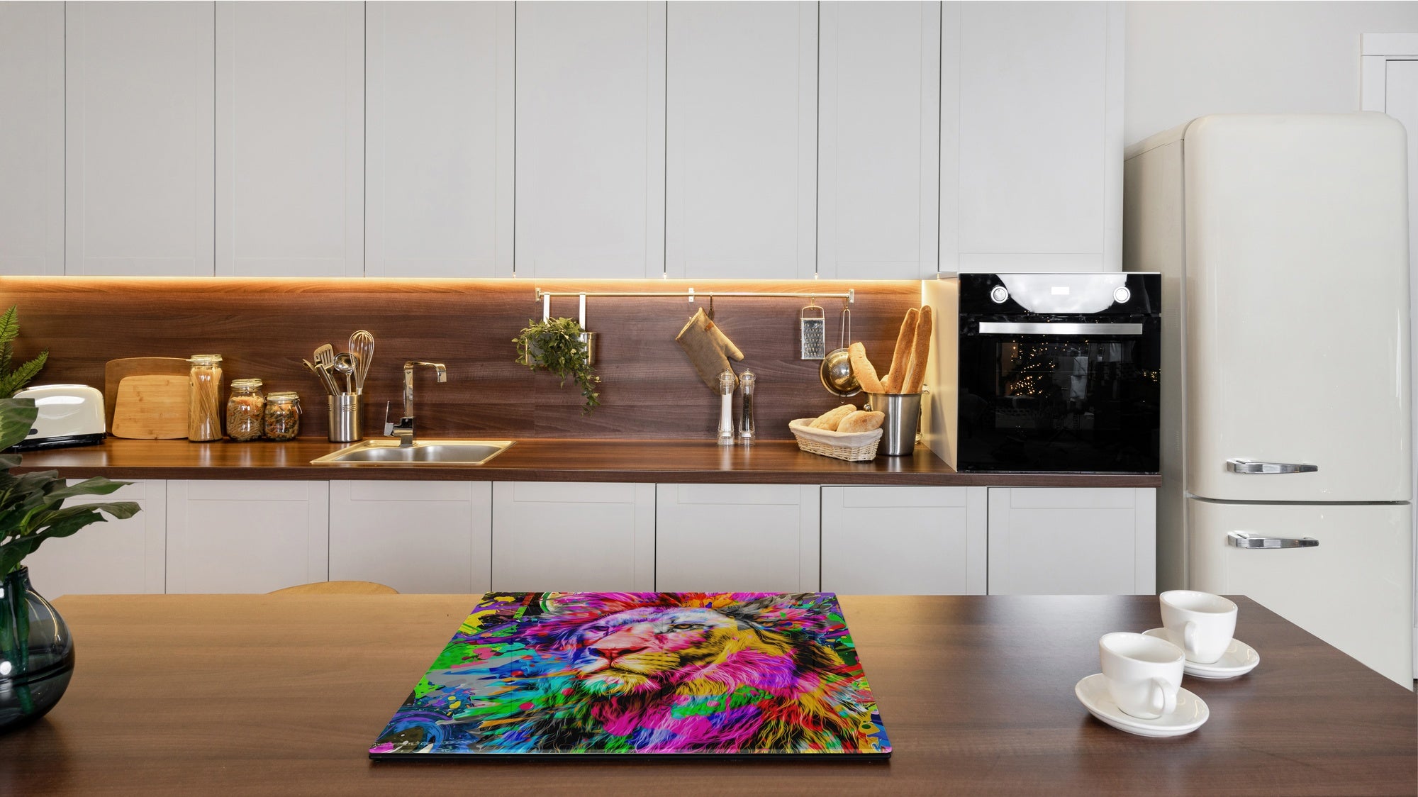 Induction Cooktop Cover Kitchen Board – Impact Resistant Glass Pastry Board; MEASURES: SINGLE: 60 x 52 cm (23,62” x 20,47”); DOUBLE: 30 x 52 cm (11,81” x 20,47”); D37 Animals Series : Colourful lion