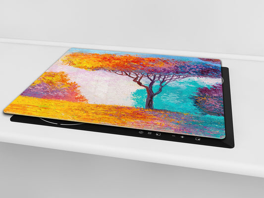 Premium Tempered Glass Cutting Board and Worktop Saver – Glass Pastry Board and Cooktop Cover – MEASURES: SINGLE: 60 x 52 cm; DOUBLE: 2 x 30 x 52 cm; D40 Colorful Illustrations Series : Colorful Tree of Joy