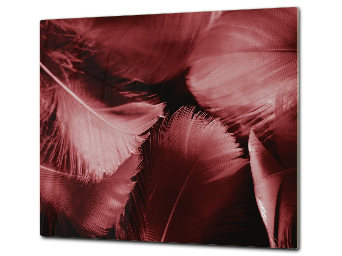 TEMPERED GLASS CHOPPING BOARD – Glass Cutting Board and Worktop Saver; MEASURES: SINGLE: 60 x 52 cm (23,62” x 20,47”); DOUBLE: 30 x 52 cm (11,81” x 20,47”); D36 Textures Series : White and red feathers
